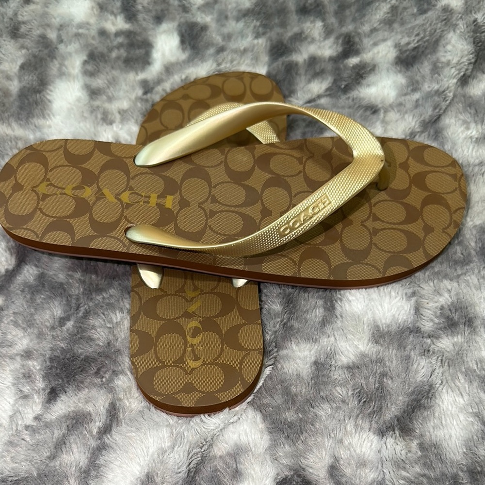 Coach Tan Flip Flops with Cream Straps